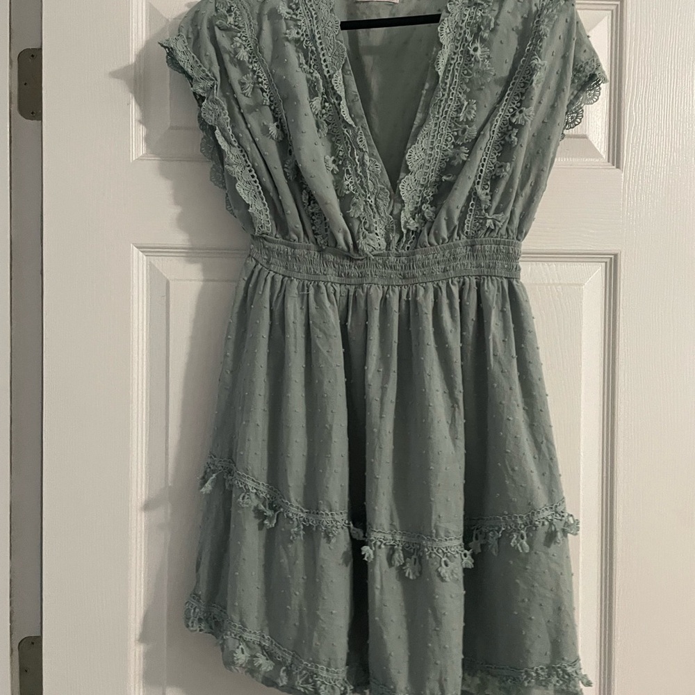 Elegant Lace-Trimmed V-Neck Dress in Sage